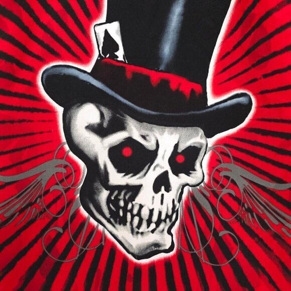 Vintage Dragonfly Roadhouse Shirt Mens Size XL Red Skeleton Skull Top Hat Flames - Picture 5 of 7